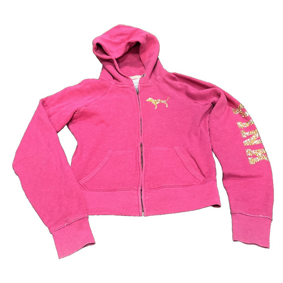 Victoria's Secret Tops - Victoria’s Secret PINK Zip Hoodie Glitter Peace Sign Dog Logo Hot Pink Bling S